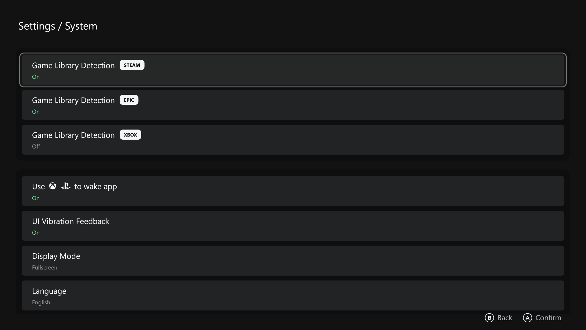 Big Screen Launcher system settings screen