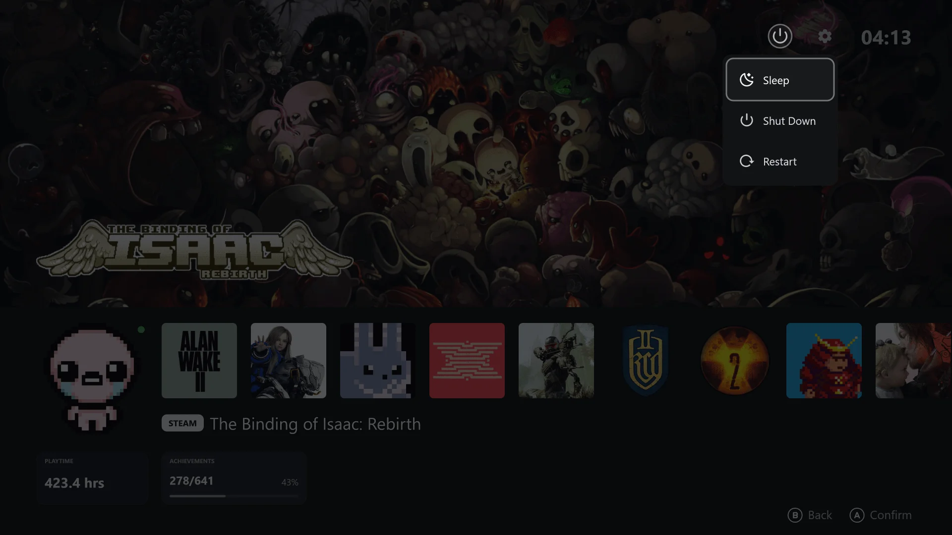 Big Screen Launcher power menu screen